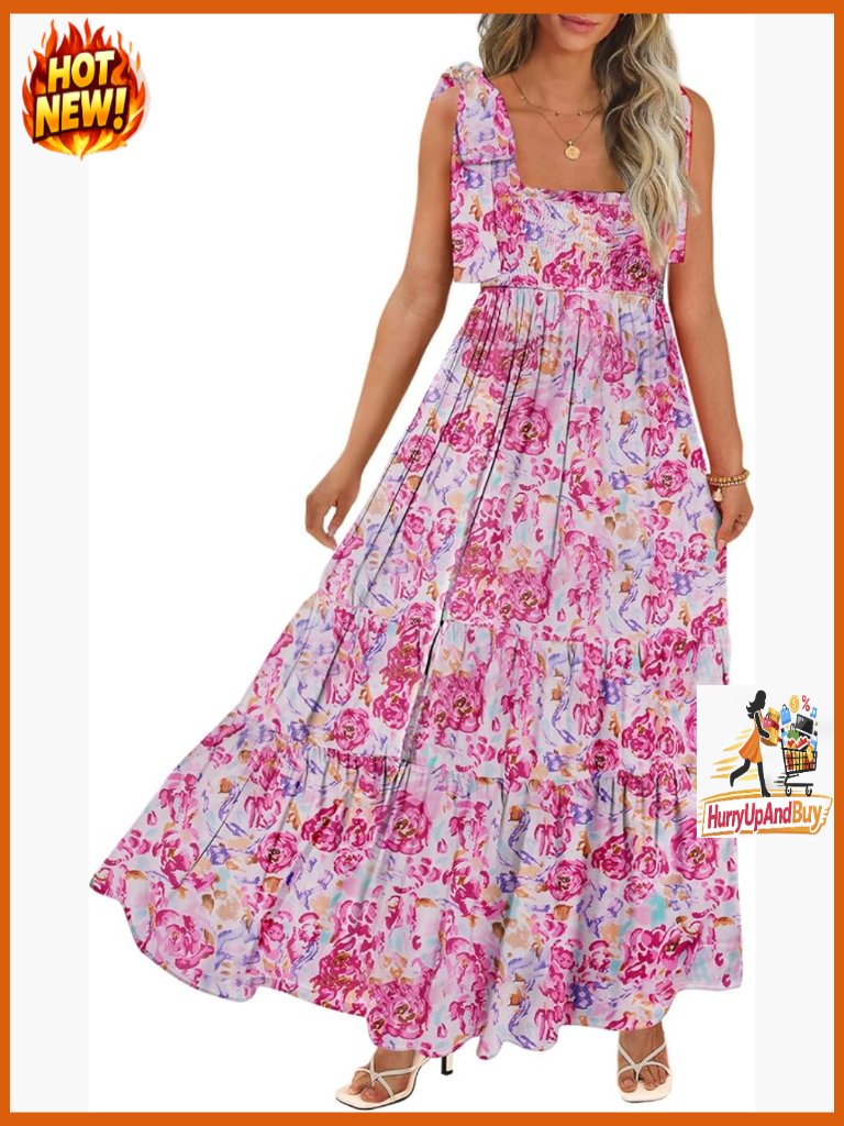 Boho Maxi Dress Spaghetti Straps Square Neck A-Line Smocked Beach Casual